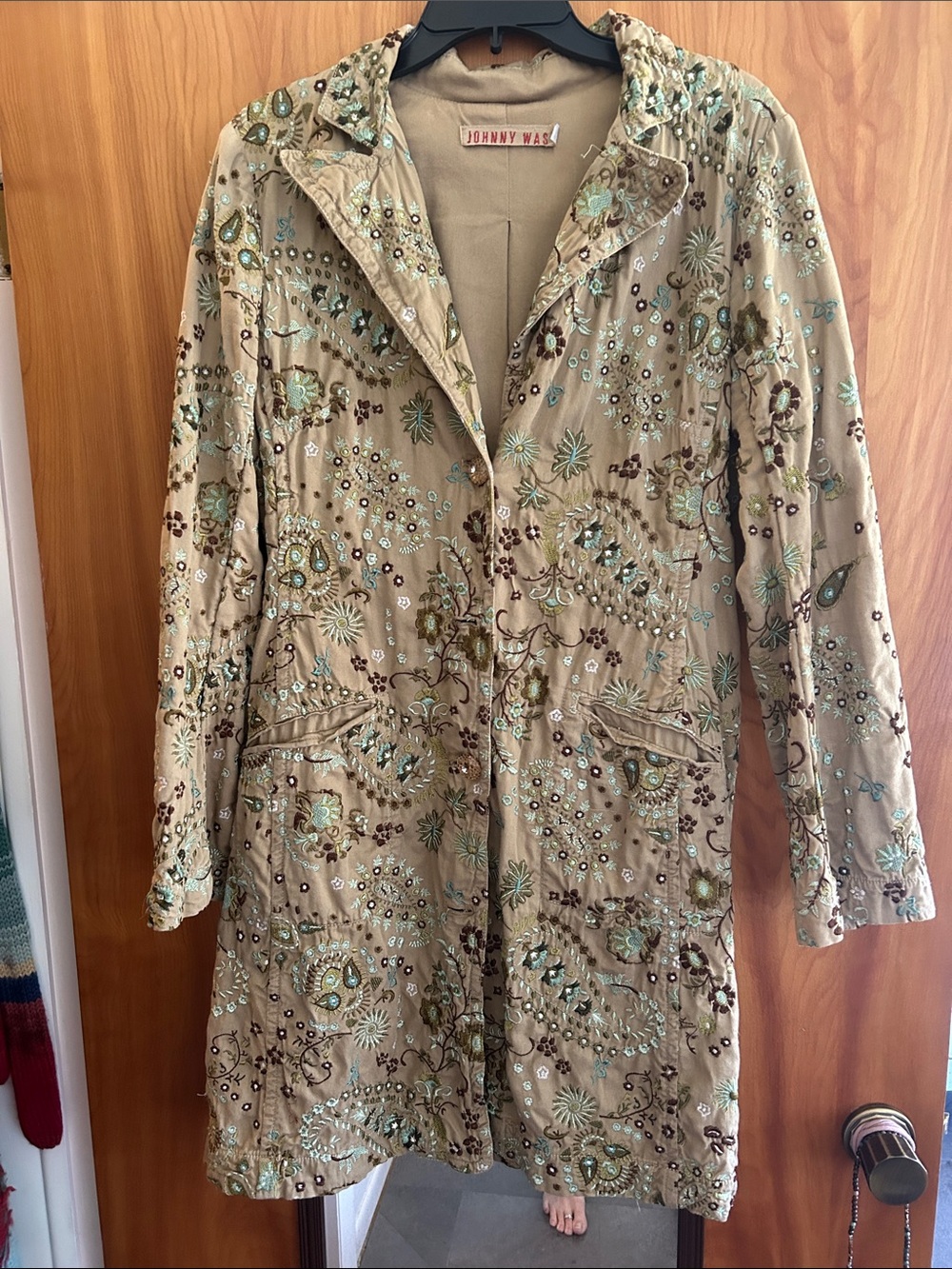 Johnny Was Embroidered Tan Trench Coat with Green Accents
